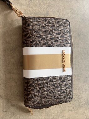 Michael Kors Brown Logo Zip-Around Wallet with White & Gold Center Stripe